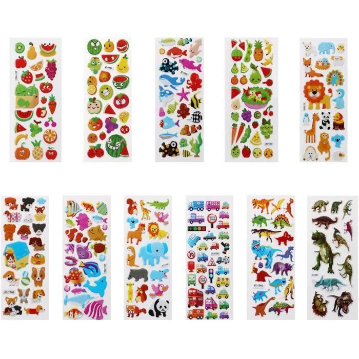 22 Feuilles Autocollants 3D Enfants - 500+ Motifs Relief - Animaux, Dinosaures, Cœurs...