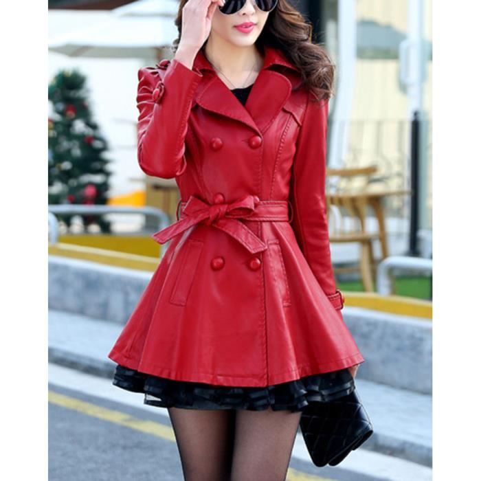 Veste longue en faux cuir rouge pour femme GUOCU Trench coat double Coupe ajustee