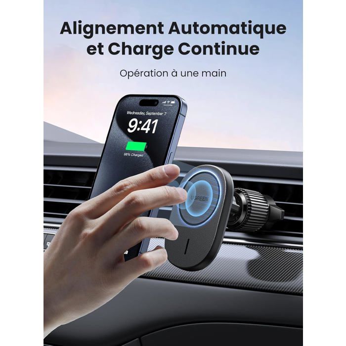 UGREEN Support Téléphone Voiture Induction Qi MagSafe - Chargeur Magnétique Compatible IPhone 16 15 14 13 12