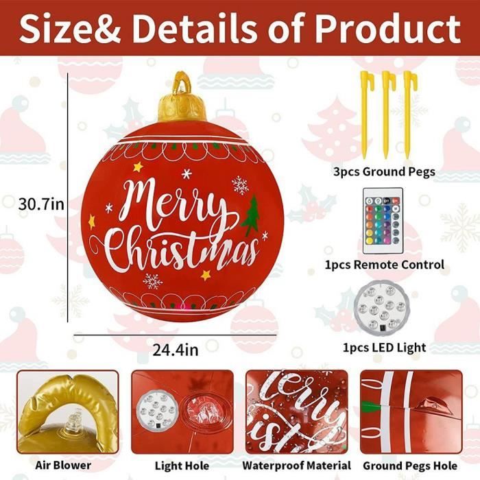 Boule De Noël Gonflable LED 60 Cm - Motifs Père Noël, Sapin, Bonhomme De Neige | PVC, 16 Couleurs, Télécommande, Pompe Fournie