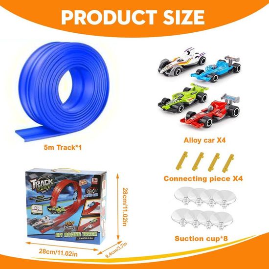 Circuit Voiture Flexible 6 M – 4 Voitures à Friction – Piste Enroulable – Dès 3 Ans – Bleu Et Rouge