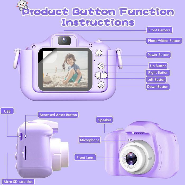 Appareil Photo Numérique Pour Enfants 3-10 Ans - écran 5.1 Cm, 32 Go Incluse, Jeu, MP3, Couleur Violet - 9