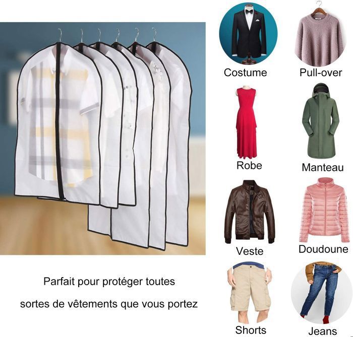 Housse De Protection Pour Vêtements - Noir 100x60 Cm - Fermeture Éclair + Fenêtre - Pour Costumes, Robes - Lot De 1 à 100
