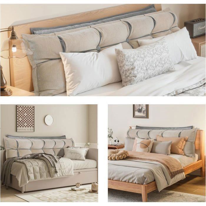 Coussin De Dossier Lit/canapé 160cm - Avec Poche Téléphone, Motif Crème Bouclé, Confortable