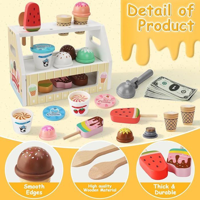 Étal De Glacier En Bois Pour Enfants – Jeu De Rôle Avec Cornets, Coupes, Argent Fictif Et Accessoires – Dès 3 Ans