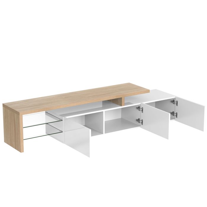 Meuble TV Moderne Blanc Avec Portes, étagères En Verre Et Lumières LED – Rangement Salon Ou Chambre 197 Cm - 3