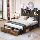 GARHELPER 140x200 cm de stockage en bois de fer lit double, cadre de lit avec base de bande, LED, USB et tiroir de stockage, sans matelas