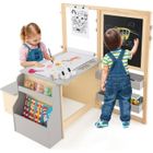 Table avec tabouret Enfant 4 en 1 - COSTWAY : Table 2 Face ( Blanc&Noir ),Rouleau de Papier -11 Accessoires - Multi Rangement Gris