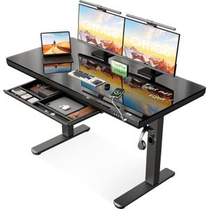 Bureau Assis-debout électrique OffiGo - Plateau Verre 120x60 Cm, Hauteur Réglable 72-118 Cm - Avec Tiroir, Ports USB/Type-C - Blanc
