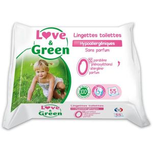 LINGETTES BÉBÉ Love & Green Lingettes dispersibles dans les toilettes sans parfum x55