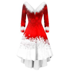 ROBE ROBE Femme Robe de Noël Manches Longues Col en V Vintage Elégante imprimée de Noël Décontractée de Casual Rouge