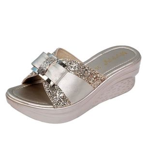 CHAUSSON - PANTOUFLE lukcolor Chausson - Pantoufle Womens Ladies Fashion Butterfly Knot Crystal Wedge Slip On Beach Pantoufles Chaussures Or