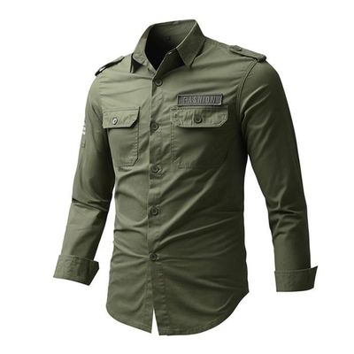 Chemise cargo rétro pour homme en toile de coton kaki uniforme militaire léger décontracté style safari chemises pour homme, kaki, XL