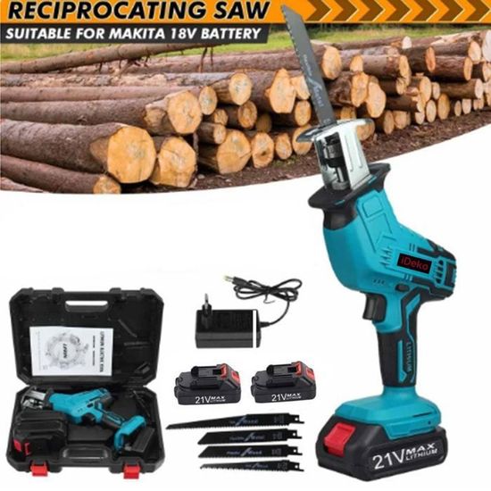 Scie Sabre Sans Fil 21V Professionnelle Avec 2 Batteries - Moteur Sans Balais, 4 Lames, Vitesse Variable - Pour Bois, Métal, PVC