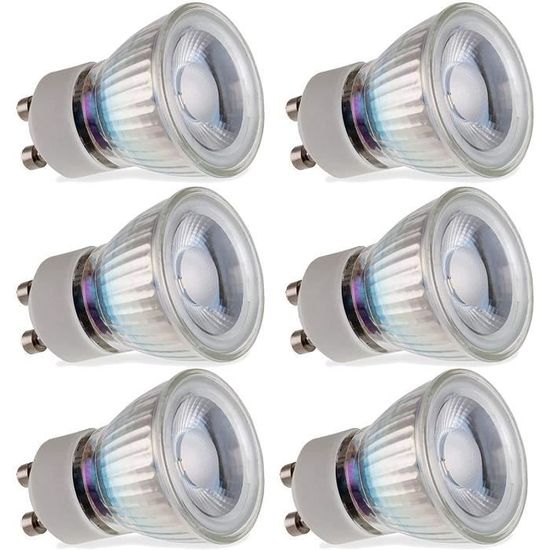 6 x Ampoule mini LED GU10 3W SMD en verre. Blanc froid 4000 K Remplacement des ampoules 35w MR11 halogènes 230 Lumens. Dimensions: