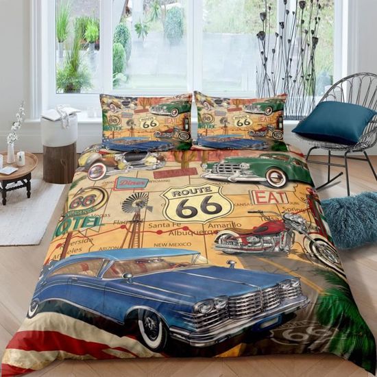 Route 66 Parure de lit rétro 3 pieces 1 housse de couette 200*200cm et