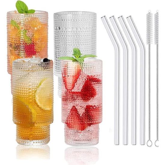 Exquilnova Bubble Tea Verre Avec Paille Et Couvercle - Verre à Thé Glacé - 400 Ml - Verre à Matcha Avec Design Nœud - Pour Café Glacé, Cocktail (nœud Rose