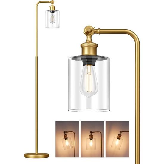 EDISHINE Lampadaire Sur Pied Salon - Abat-jour Verre Clair, E27 Ampoule Incluse, Rotatif 180°, Contrôle Pied