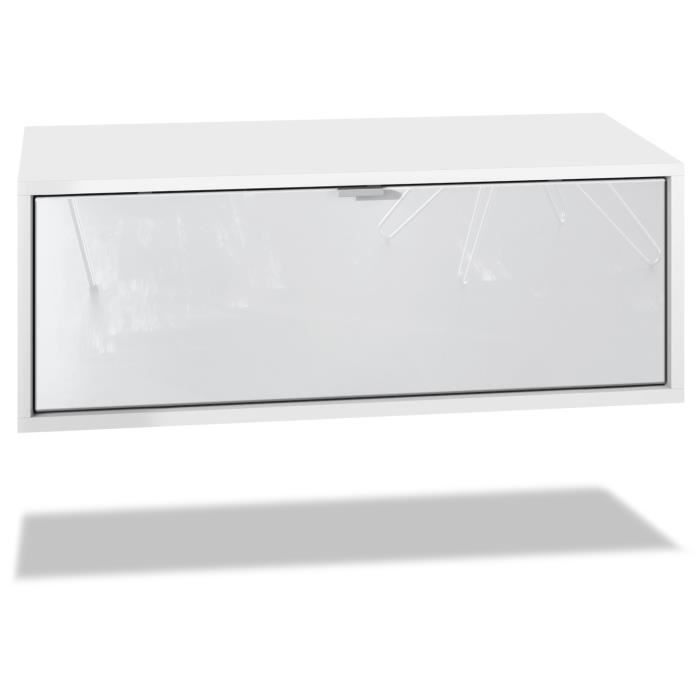 Vladon Meuble TV Lana 140 armoire murale lowboard 140 x 29 x 37 cm caisson en blanc mat façades en Blanc haute brillance