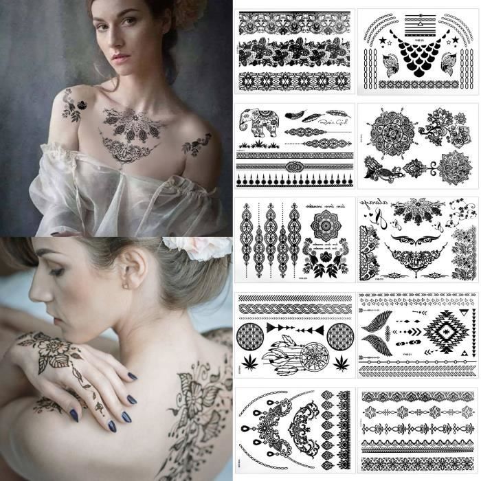 Tatouages Temporaires - 10 Pcs Planches de Tatouage Mandala Temporaire Impermeable Tattoo Mehndi Stickers pour Femme