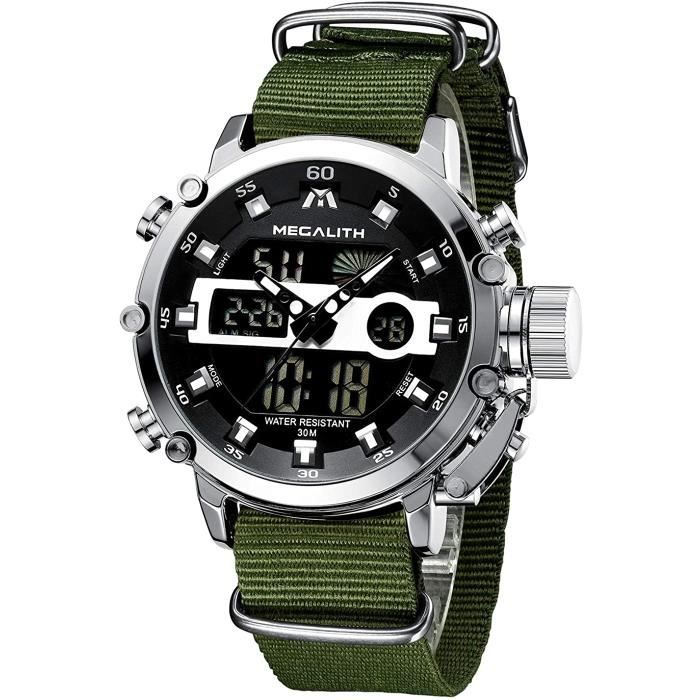 MEGALITH Montre Homme Militaire Sport pour Homme Etanche Chronographe Alarme Date LED Digitale Analogique Montres Bracelet Grand Cad
