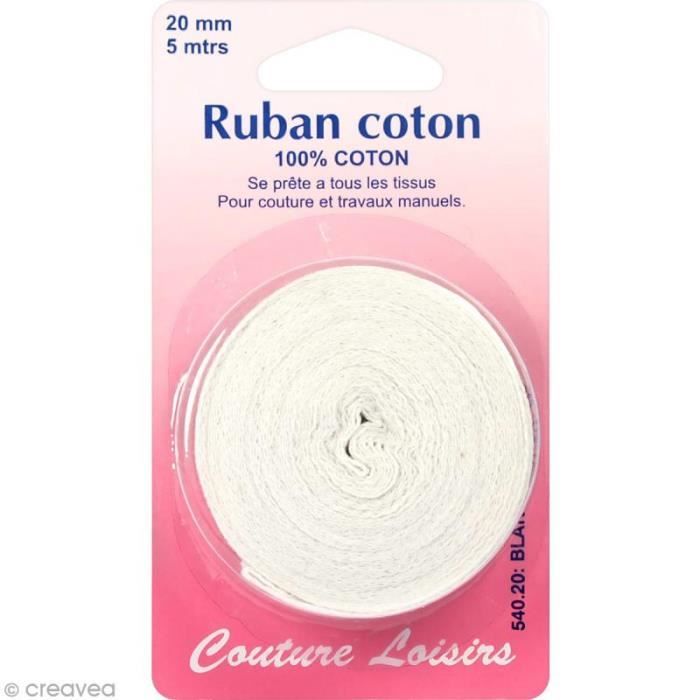 Ruban de coton Blanc 20 mm - 5 mètres Ruban de coton pour couture et loisirs créatifs : - Quantité : 5 mètres de ruban - Largeur du
