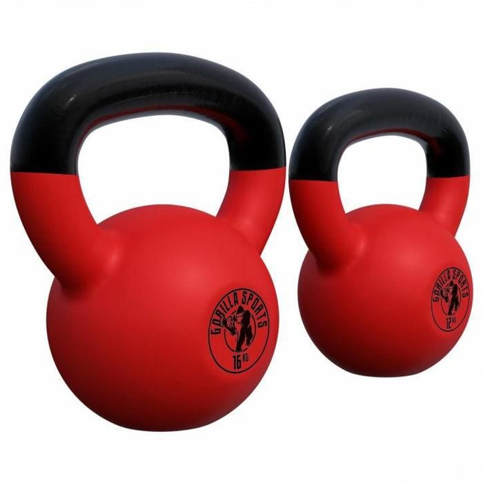 Gorilla Sports - Lot : 2 kettlebells en fonte néopréne (12kg et 16kg) haltère russe Noir