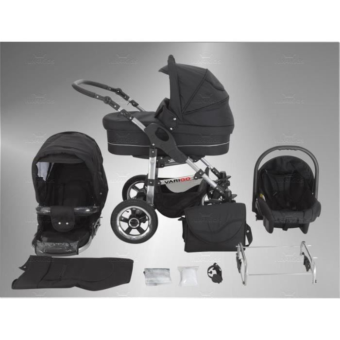 Poussette Combinée 3 en 1 avec les roues pivotantes pneumatique Siège Auto Poussette Canne et Accessoires 93 noir graphite