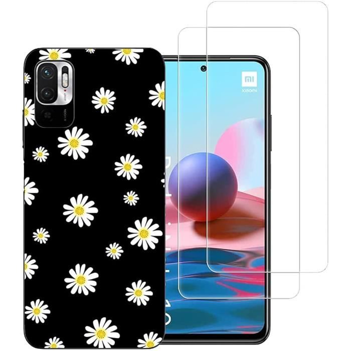 Compatible Xiaomi Redmi Note 10 5G- Coque arrière imprimée fleurs et 2 protections vitre écran en verre trempé -NOVAGO