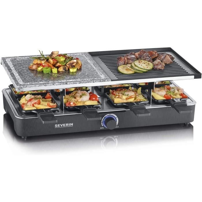 Raclette Gril 8 personnes, Pierre de Cuisson Naturelle, Plaque Réversible Anti-adhésive, Thermostat Réglable, Noir,RG 2371