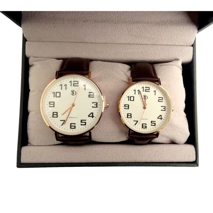 COFFRET IDÉE CADEAU COUPLE HOMME FEMME MONTRE DUO AMOUR CUIR MARRON ELEGANT OR