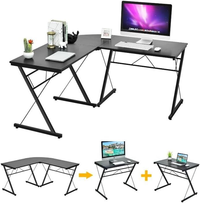 giantex bureau informatique d'angle réversible en forme l- table d'ordinateur détachable- 150x 150x 76 cm- pieds réglables- noir