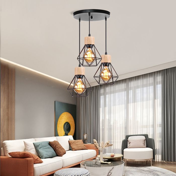 SNOGOLD Suspension Pendentif Vintage 3 Douille Lustre en Métal Bois E27 Lampe de Plafonde Intérieur Industriel Noir