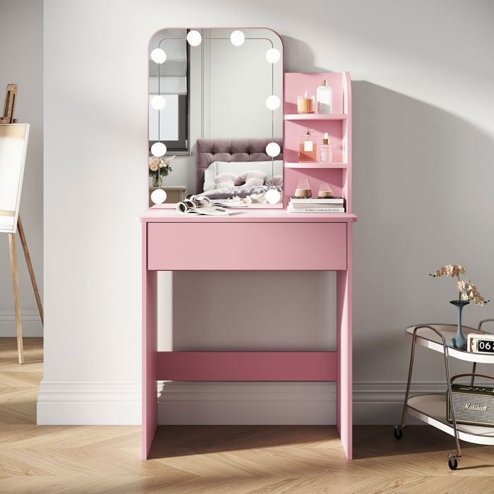 SIRHONA Coiffeuse avec Miroir Table de Maquillage avec Grands Tiroirs et étagères de rangement Rose 70x40x140cm