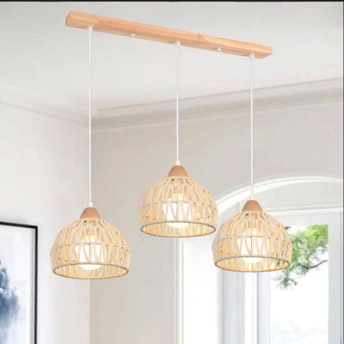 iDEGU Lampe Suspension Vintage Industriel Lustre en Bois Rotin Blanc E27 Luminaire Eclairage Design Cage Rétro pour Salon Chambre