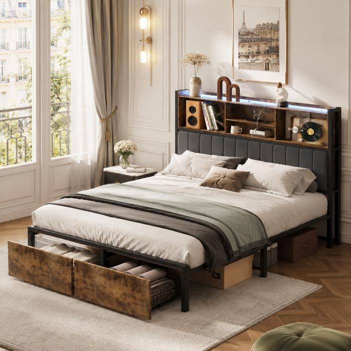 140x200 cm de stockage en bois de fer lit double cadre de lit avec base de bande LED USB et tiroir de stockage sans matelas