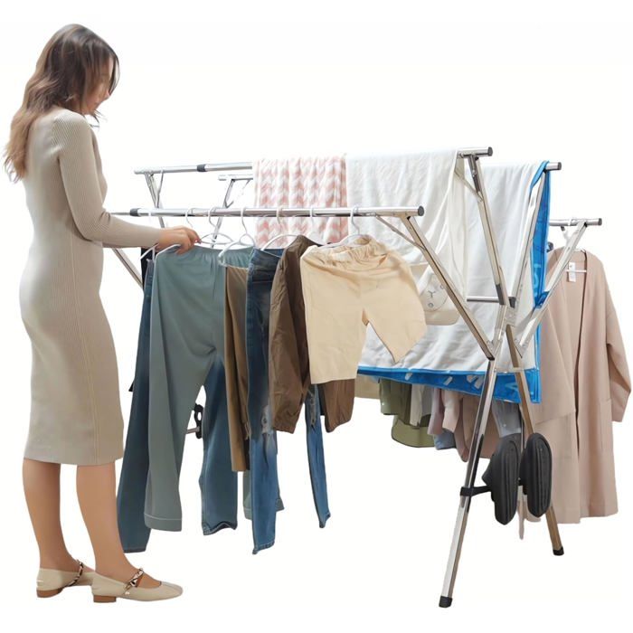 Étendoir à Linge Intérieur Pliable Bleu Avec Roulettes - Séchoir Polyvalent Intérieur Et Extérieur