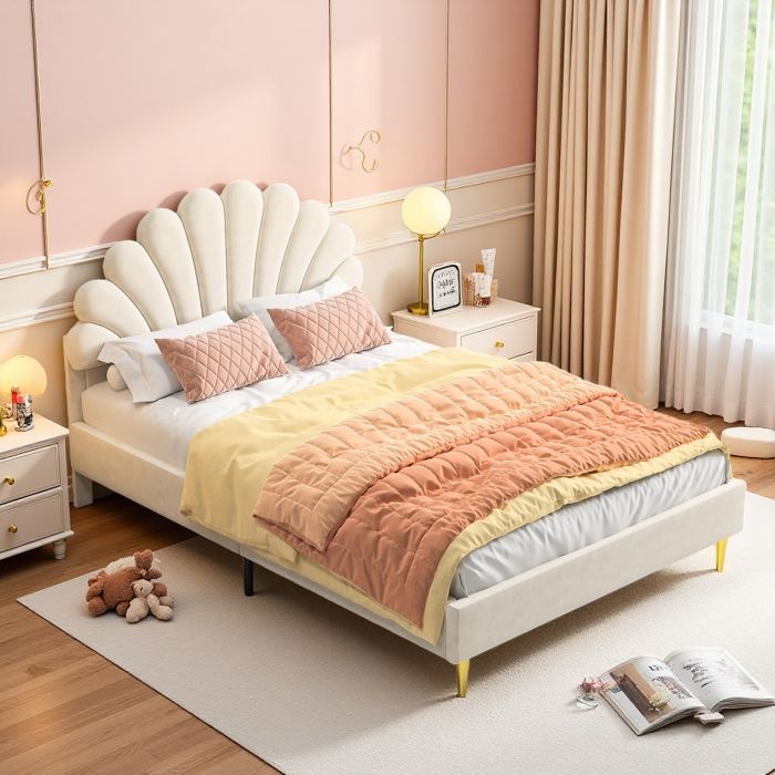 Lit Double Rembourré 140x200 cm Lit Enfant avec Tête de Lit en Forme de Fleur et Sommier à Lattes Tissu Velours Doux Beige