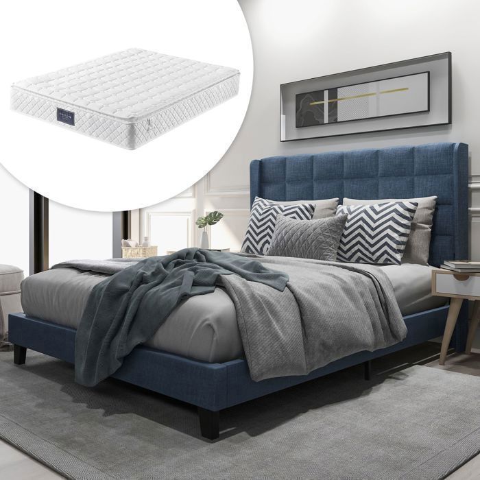Lit complet - SOGEU - 140x200 - Tissu lin bleu - Matelas ressorts 7 zones - Sommier à lattes inclus