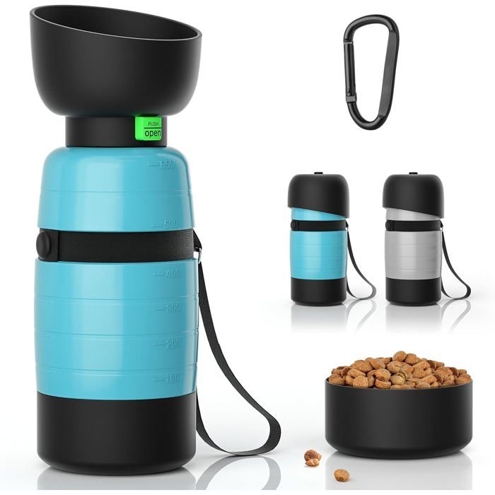 Bouteille deau pour Chien 650ml avec récipient pour Nourriture 150ml Bouteille de Voyage Anti-Fuite pour Animaux de Compagnie