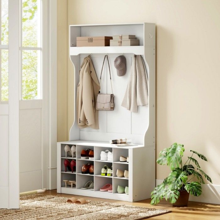 Armoire vestiaire blanc avec étagère banc intégré patères et compartiments à chaussures - Matière aggloméré et MDF