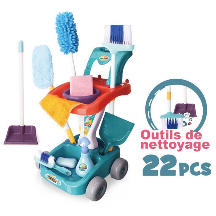 Kit de Nettoyage pour Enfants - 22 Accessoires - Chariot de Ménage Enfant Jouet - Cadeau Éducatif pour Filles et Garçons