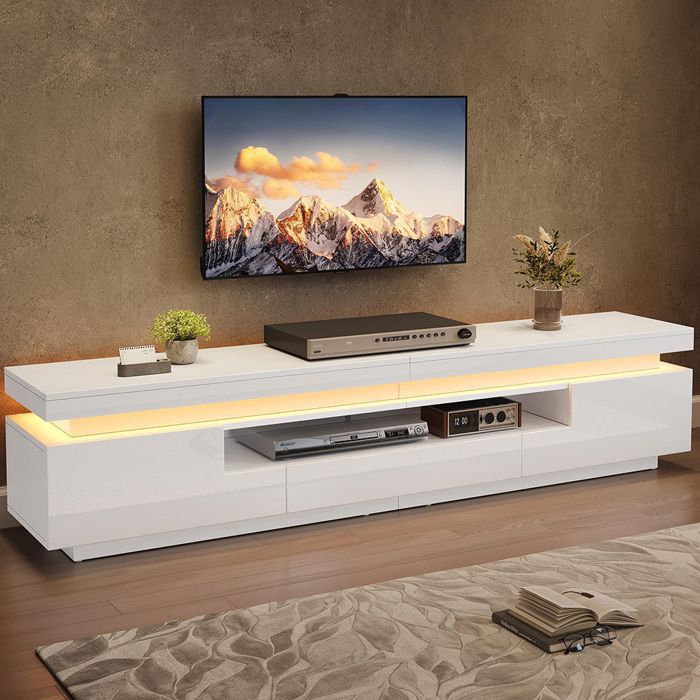 Meuble TV salon 2 armoires en L et 1 tiroir LED rangement semi-ouvert pour TV jusquà 75 pouces 175 x 38 x 45 cm Meuble TV salon 2 armoires en L et 1 tiroir LED rangement semi-ouvert pour TV jusquà 75 pouces 175 x 38 x 45 cm