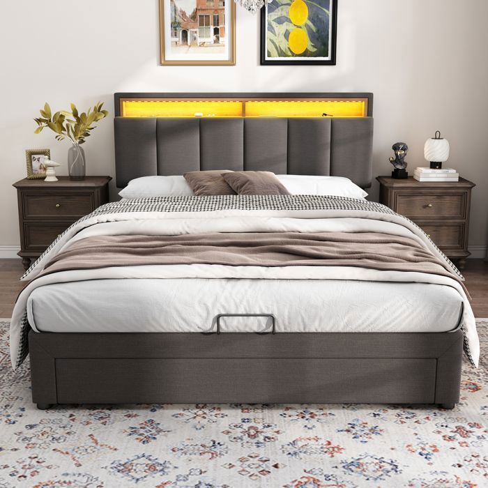 Lit Coffre 140x190 avec Led-DADEA-Lit Rembourré avec 2 Tiroir Lit140x190 et Sommier Lit Double avec Rangement GrisLin