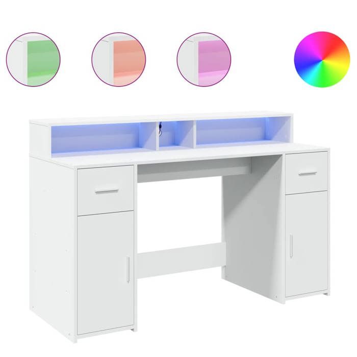 “Winter SaleTOP Bureau moderne compact Blanc - Bureau avec lumières LED blanc 140x55x91cm - bois dingénierie PRO93378