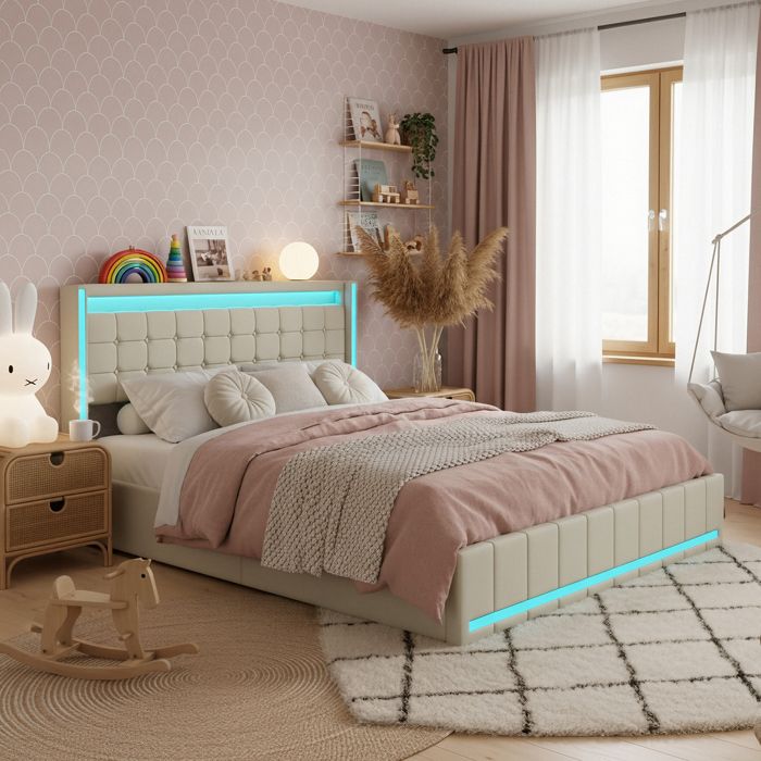 Lit capitonné 140 x 190 cm Lit double Lit adulte structure du lit avec 4 Tiroirs LED et USB - Tissu aspect Lin - Beige