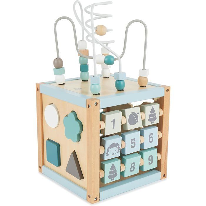 Cube D’activités En Bois Nukdey – Labyrinthe De Perles Et Motifs Océaniques, Jeu éducatif 3 Ans+, Motricité Et Couleurs