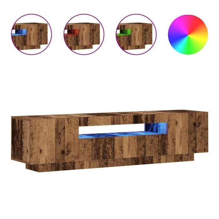 Meuble TV avec lumières LED - JILL - Vieux bois - Bois dingénierie - 160x35x40 cm - 2 portes - Compartiment ouvert