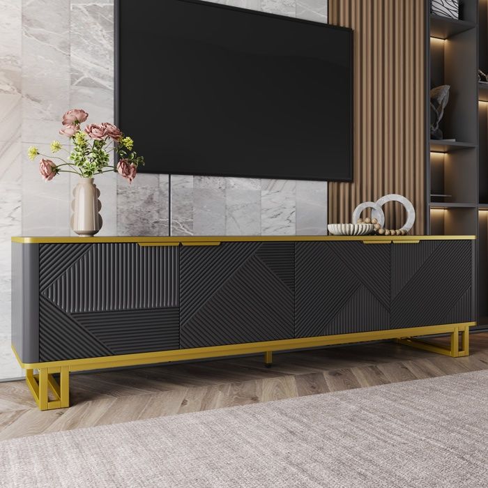 Meuble TV moderne - MODERNLUXE - 160x37 5x48 cm - 4 portes - MDF + Métal - Noir + Doré - Texture géométrique