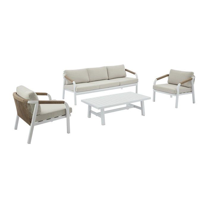 Salon de jardin en aluminium et corde : canapé 3 places 2 fauteuils et une table basse – Blanc avec coussins beiges – LUREYA de